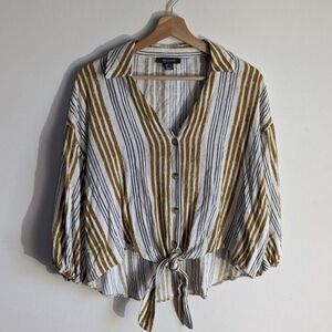 Primark Yellow Striped Button Down Boxy Tie Knit Blouse Top